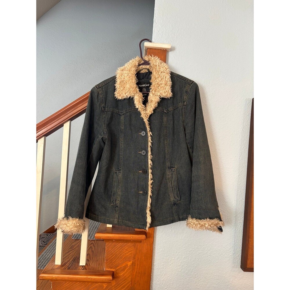 Vtg northcrest 90s Y2K Denim Jean Jacket Faux Fur collar boho M friends bratz